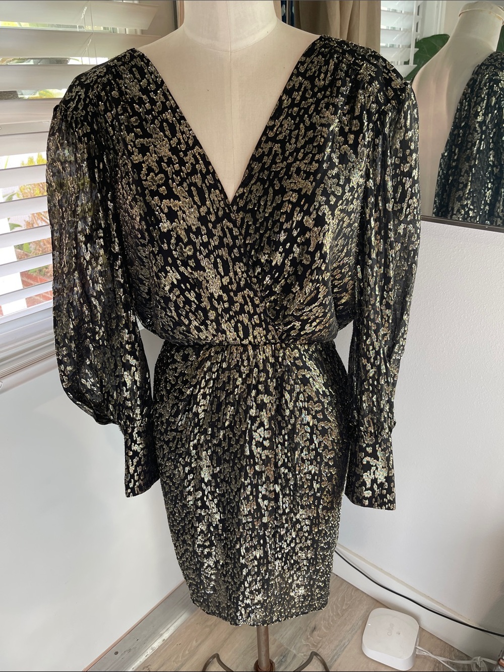 Derek Lam 10 Crosby Black and Gold Metallic Wrap Mini Dress
